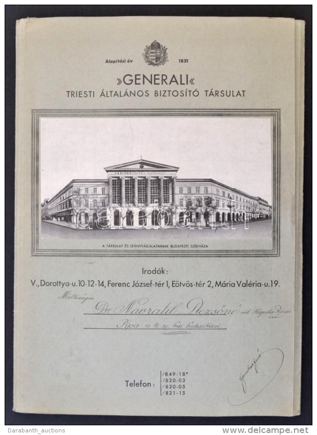 Cca 1930 A Generali Triesti &aacute;ltal&aacute;nos Biztos&iacute;t&oacute;, Budapest V. Ker&uuml;leti... - Non Classificati