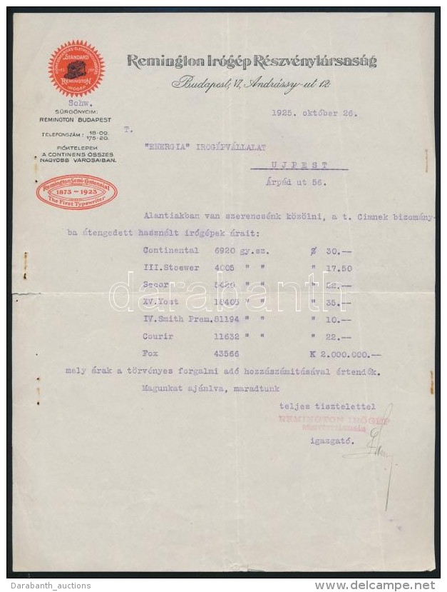 1925 Remington &Iacute;r&oacute;g&eacute;p Rt., D&iacute;szes Fejl&eacute;ces Sz&aacute;mla - Non Classificati