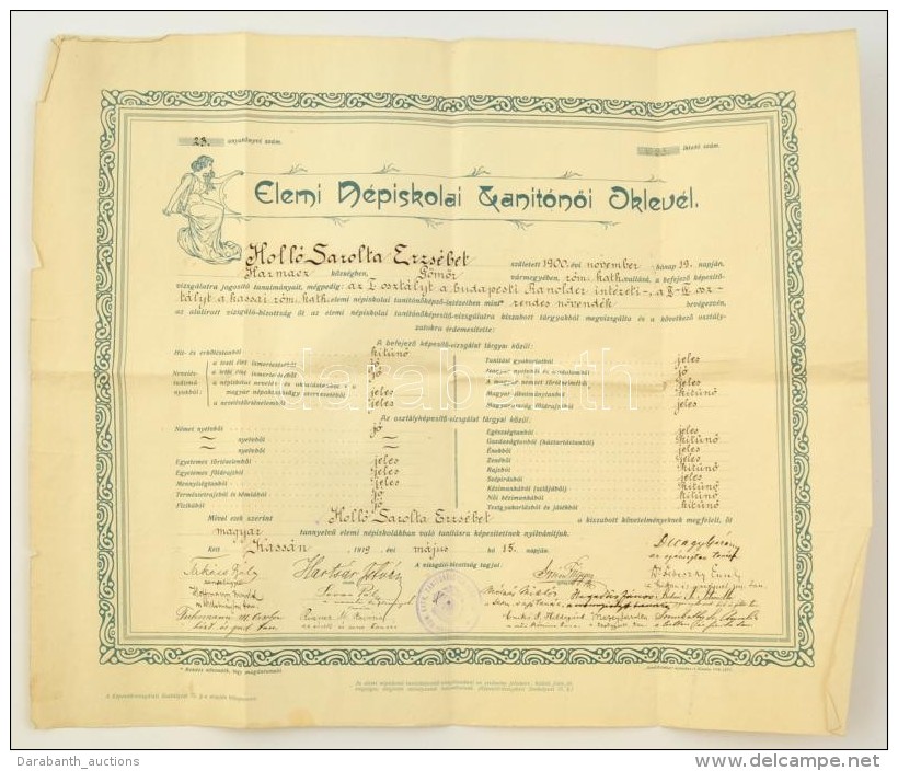 1919 Elemi N&eacute;piskolai Tan&iacute;t&oacute;nÅ‘i Oklev&eacute;l, Kassai R&oacute;m. Kath.... - Non Classificati