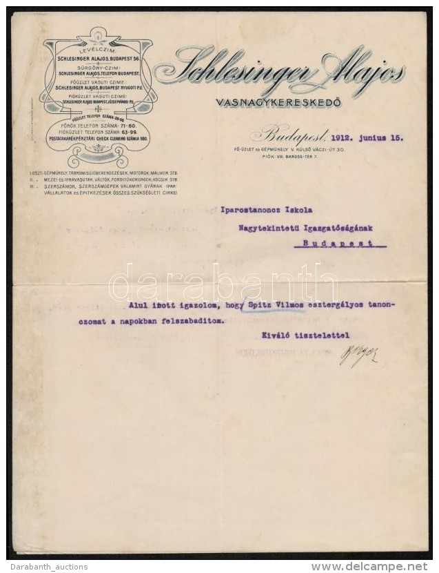 1912 Schlesinger Alajos VasnagykereskedÅ‘, D&iacute;szes Fejl&eacute;ces Lev&eacute;l Hivatalos &uuml;gyben - Non Classificati