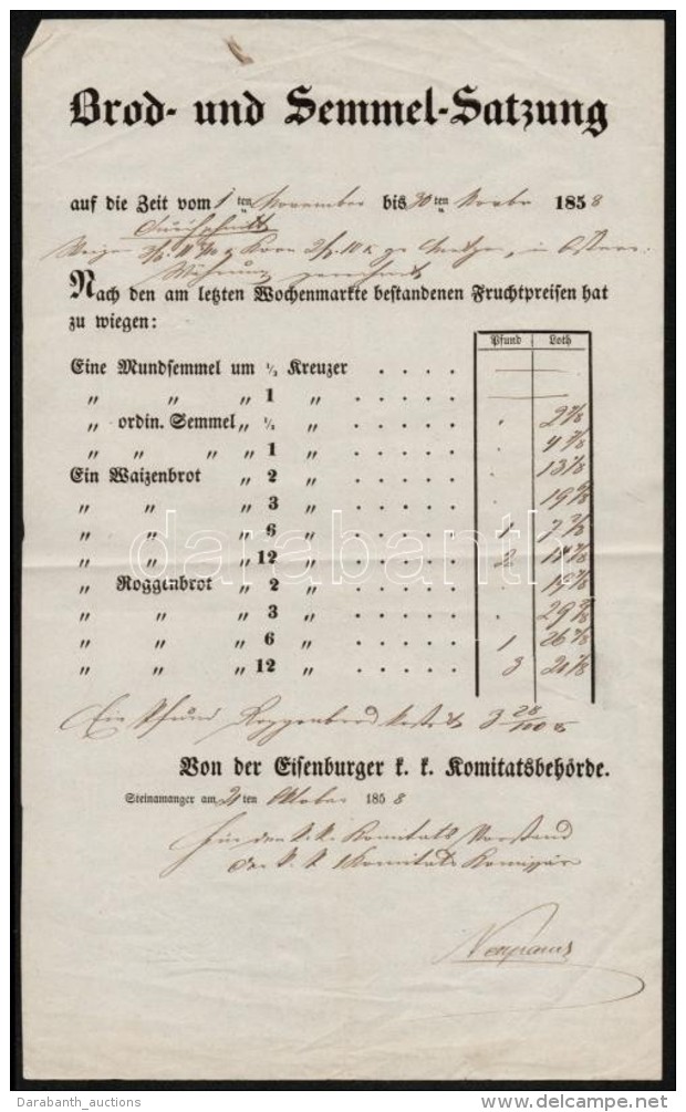 1858 Vas V&aacute;rmegye &aacute;ltal Meg&aacute;llap&iacute;tott Keny&eacute;r &eacute;s Zs&ouml;mle... - Non Classificati