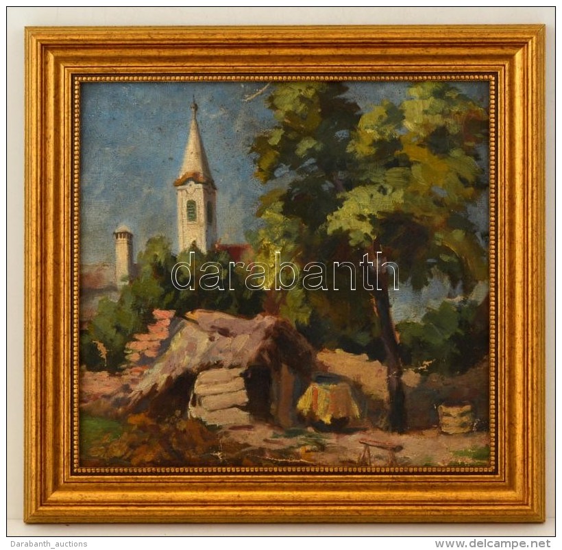 Jelz&eacute;s N&eacute;lk&uuml;l: Templomtorony, Olaj, V&aacute;szon, Fa Keretben, 33,5&times;36 Cm - Altri & Non Classificati