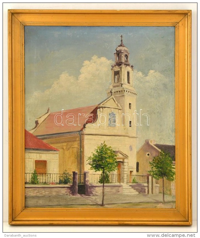 Olvashatatlan Jelz&eacute;ssel: Templom, Olaj, V&aacute;szon, Fa Keretben, 44,5&times;37 Cm - Altri & Non Classificati