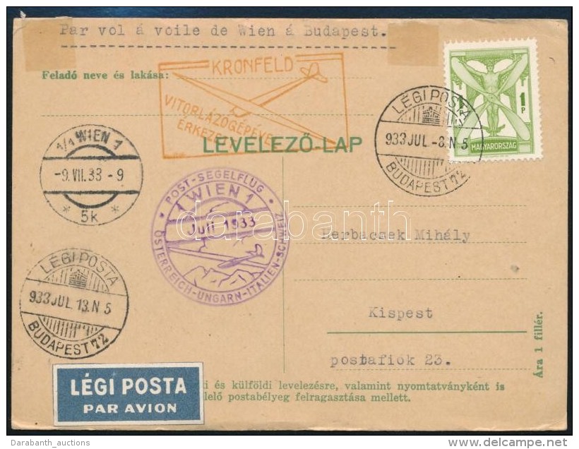 1933 L&eacute;gi LevelezÅ‘lap A Kronfeld-rep&uuml;l&eacute;ssel  / Airmail Postcard  With The Kronfeld Flight - Altri & Non Classificati
