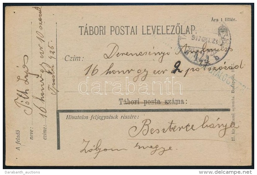 1917 T&aacute;bori Posta LevelezÅ‘lap 'M.KIR. 16. HONV&Eacute;D GYALOGEZRED' + 'TP 425 B' - Altri & Non Classificati