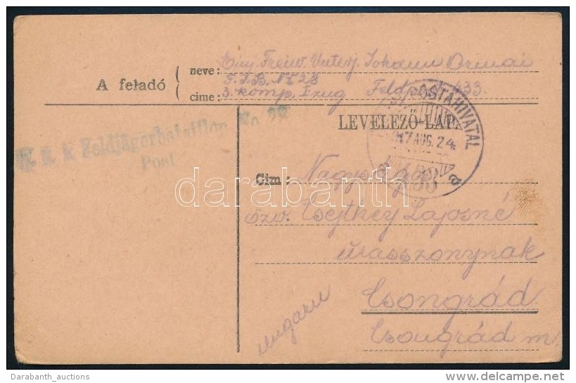 1917 T&aacute;bori Posta LevelezÅ‘lap 'K.u.k. Feldj&auml;gerbataillon No.28. Post' + 'TP 433 A' - Altri & Non Classificati