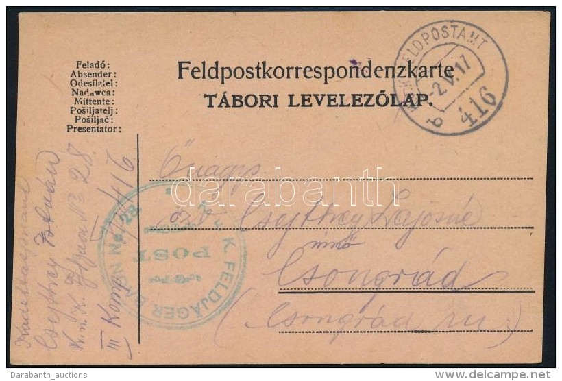 1917 T&aacute;bori Posta LevelezÅ‘lap 'K.u.k. FELDJ&Auml;GER BAON No.28.' + 'FP 416 B' - Altri & Non Classificati