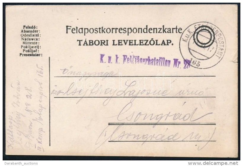 1917 T&aacute;bori Posta LevelezÅ‘lap 'K.u.K. Feldj&auml;gerbataillon Nr.28.' + 'EP 165' - Autres & Non Classés