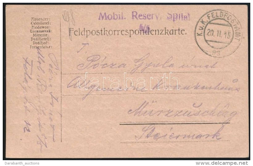 1915 T&aacute;bori Posta LevelezÅ‘lap 'Mobil. Reserv. Spital 5/5' + 'FP 93' - Altri & Non Classificati