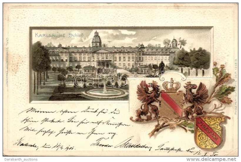 T2/T3 Karlsruhe, Schloss, Passepartoutkarte / Castle Emb. Coat Of Arms Litho (EK) - Non Classificati