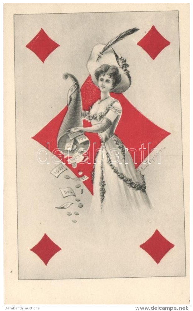 ** T4 Francia K&aacute;rty&aacute;s MÅ±v&eacute;szlap, H&ouml;lgy P&eacute;nzzel / French Card Suit, Lady With... - Non Classificati