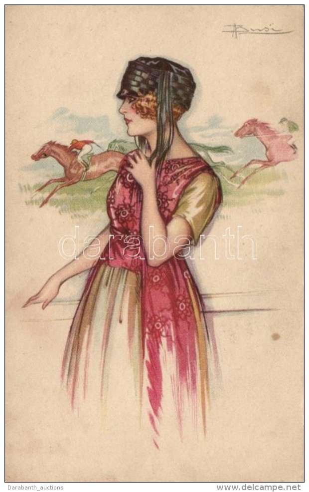 ** T2 'Anna &amp; Gasparini' Italian Art Postcard, Lady At The Horse Race S: Busi - Non Classificati