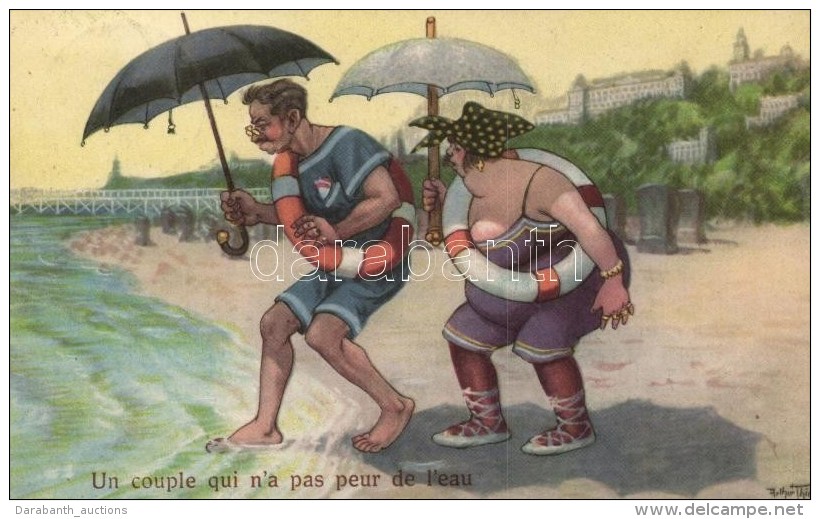 T2/T3 Un Couple Qui N'a Pas Peur De L'eau / A Couple Who Is Not Afraid Of Water, Beach, Umbrellas, Humorous Art... - Non Classificati