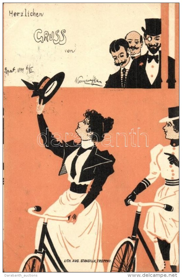 T2/T3 1899 Ladies On Bicycles, Gentlemen Watching. Aug. Strasilia, Troppau Litho (EK) - Non Classificati