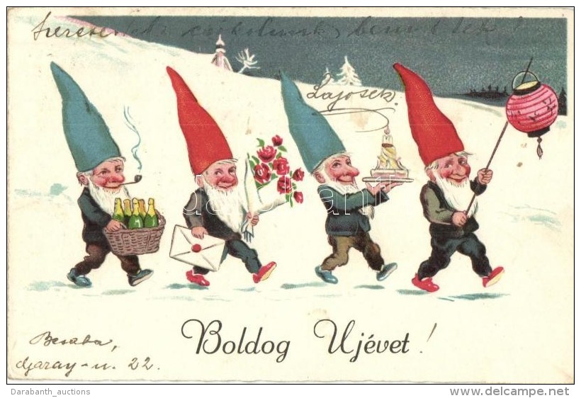 T2/T3 Boldog &Uacute;j&eacute;vet! / New Year Greeting Card With Celebrating Dwarfs (EK) - Non Classificati