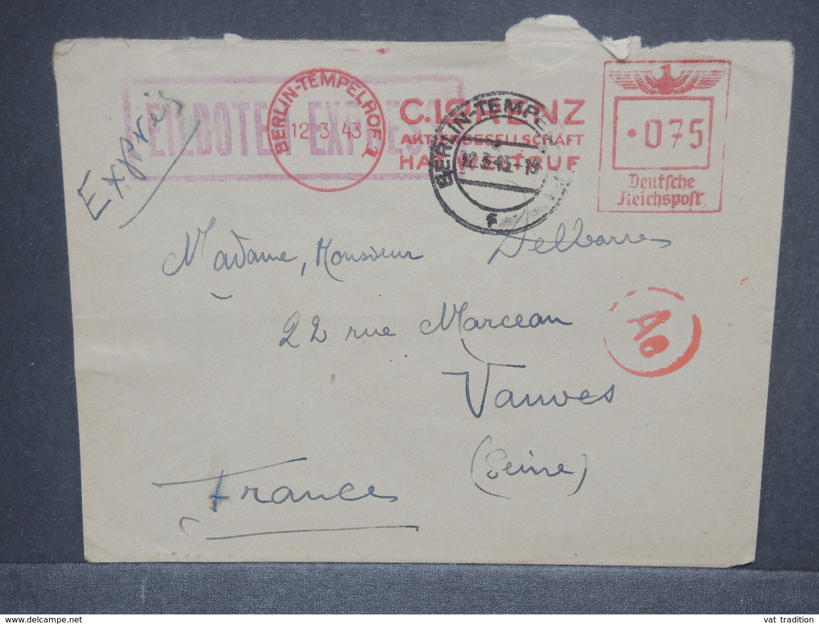 ALLEMAGNE - Enveloppe De Berlin En Exprès Pour La France En 1943 , Affranchissement Mécanique - L 7335 - Lettres & Documents