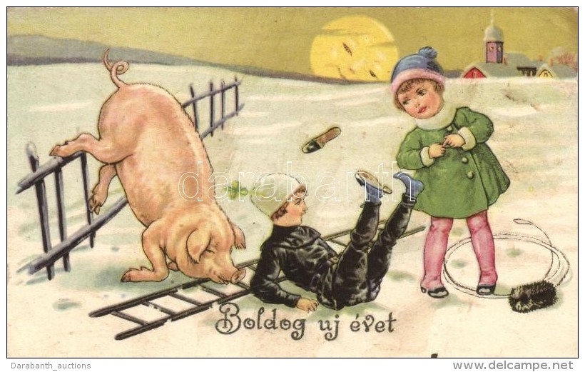 T2/T3 'Boldog &uacute;j &eacute;vet' / New Year, Chimney Sweeper Boy, Girl, Pig (EK) - Non Classificati