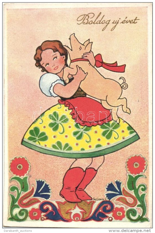 ** T2/T3 'Boldog &uacute;j &eacute;vet' / New Year, Girl In Traditional Dress Holding A Pig, Folklore, S: Glatz I.... - Non Classificati