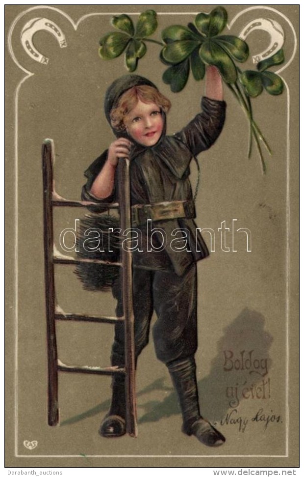 T2/T3 Boldog &uacute;j &eacute;vet! / New Year Greeting Card, Chimney Sweeper, Emb. Litho (EK) - Non Classificati