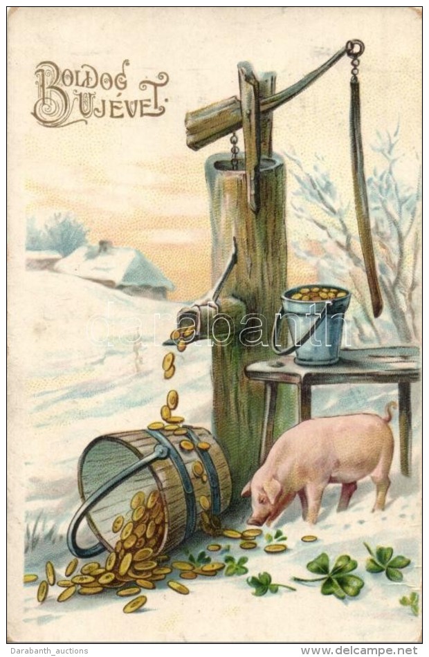 T2/T3 Boldog &Uacute;j &Eacute;vet! / New Year Greeting Card With Pig, Clovers And Money Litho (EK) - Non Classificati