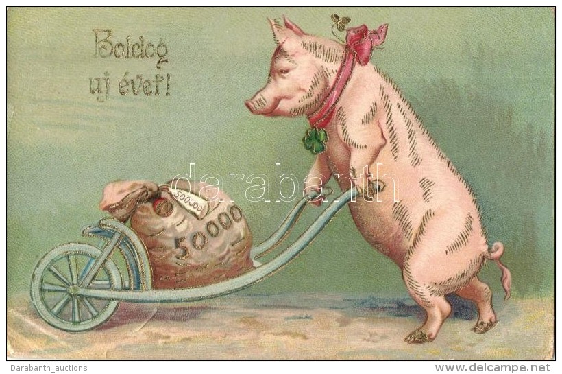 T2/T3 Boldog &Uacute;j&eacute;vet! / New Year, Pig With Money, EAS 17339/17340. Golden Decorated Litho - Non Classificati