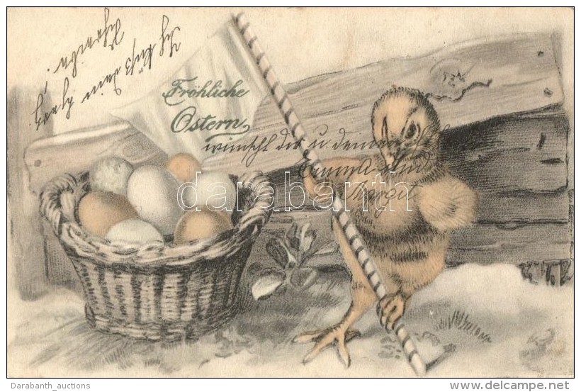 T2 Fr&ouml;hliche Ostern / Easter, Chicken With Flag, Litho - Non Classificati