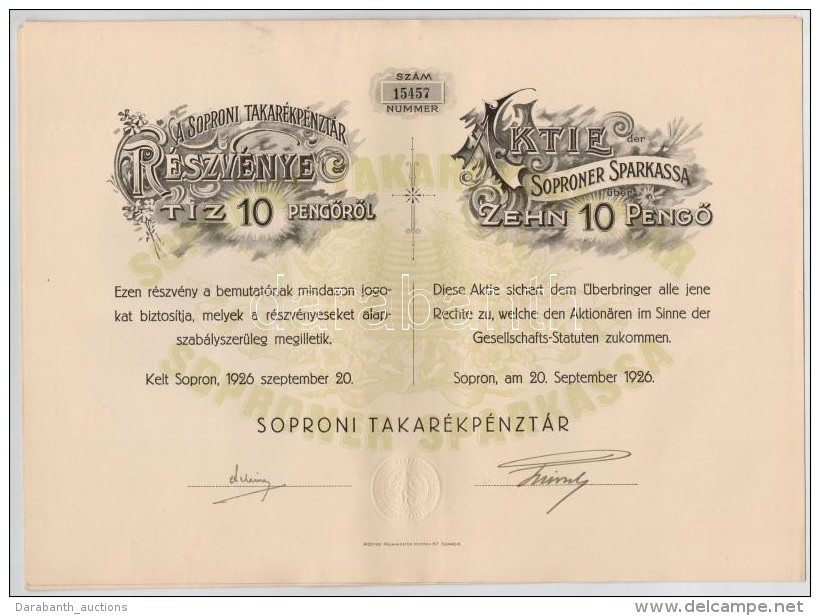 Sopron 1926. 'Soproni Takar&eacute;kp&eacute;nzt&aacute;r' R&eacute;szv&eacute;nye 10P-rÅ‘l, Magyar &eacute;s... - Non Classificati