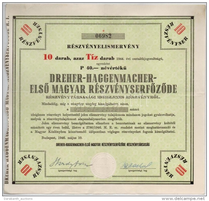 Budapest 1946. 'Dreher-Haggemacher - ElsÅ‘ Magyar R&eacute;szv&eacute;nyserfÅ‘zde' T&iacute;z... - Non Classificati