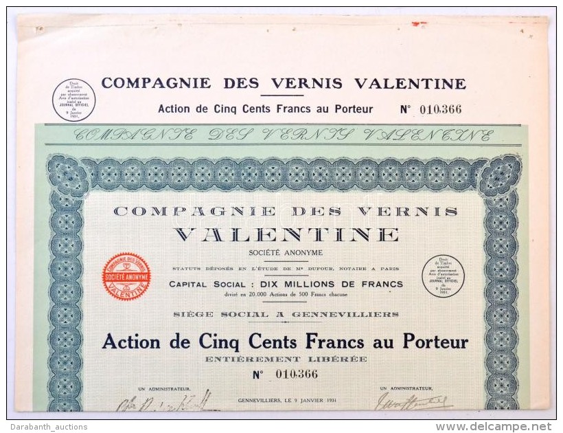 Franciaorsz&aacute;g / Gennevilliers 1931. 'Compagnie Des Vernis Valentine Soci&eacute;t&eacute; Anonyme' Vernis... - Non Classificati