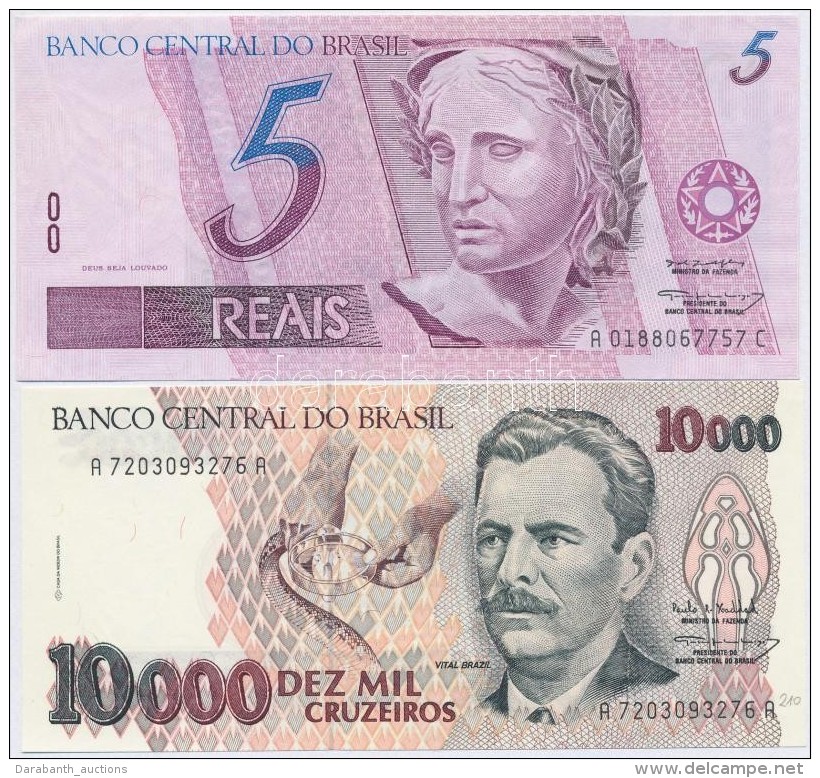 Braz&iacute;lia 1997- 5R + 1993. 10.000C T:I
Brazil 1997. 5 Reais + 1993. 10.000 Cruzeiros C:UNC
Krause 244a, 233 - Non Classificati