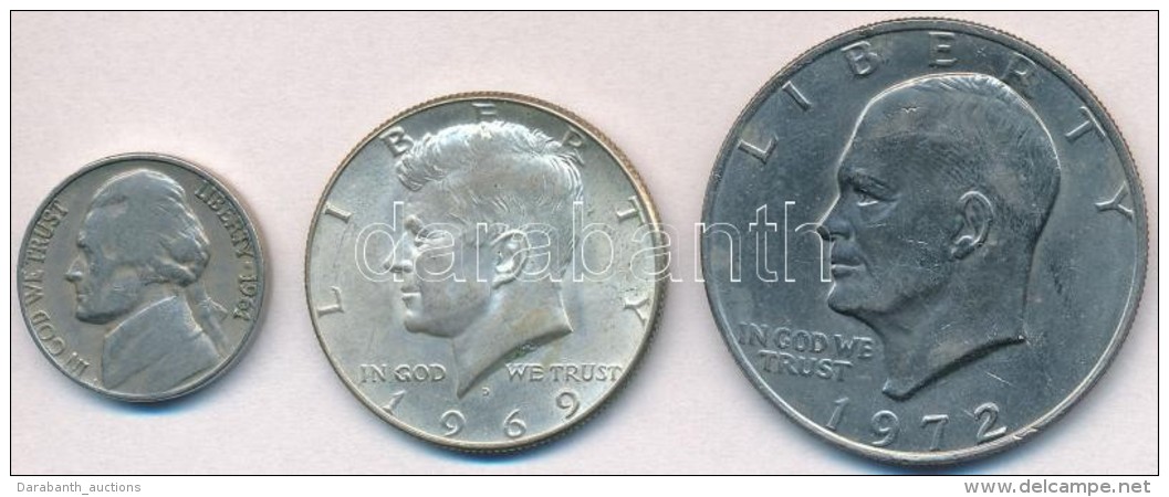 Amerikai Egyes&uuml;lt &Aacute;llamok 1961. 5c Cu-Ni 'Jefferson' + 1969D 1/2$ Ag 'Kennedy' + 1972. 1$ Cu-Ni... - Non Classificati