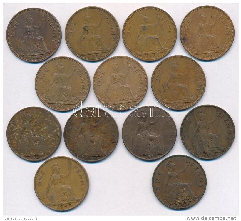 Nagy-Britannia 1917-1967. 1p Br (13x) T:2-3- 
Great Britain 1917-1967. 1 Penny Br (13x) C:XF-VG - Non Classificati