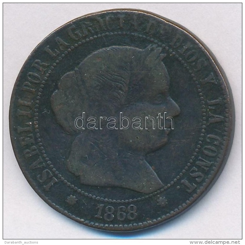 Spanyolorsz&aacute;g 1868OM 5c Cu 'II. Izabella' T:2-,3 Ph.
Spain 1868OM 5 Centimos Cu 'Isabella II' C:VF,F Edge... - Non Classificati