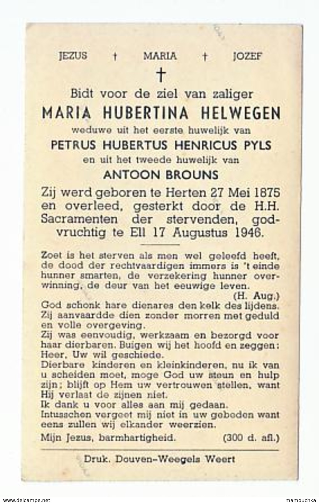 Bidprentje Maria Hubertina HELWEGEN Wed. Petrus Henricus Pyls En Antoon Brouns Herten 1875 Ell 1946 - Images Religieuses