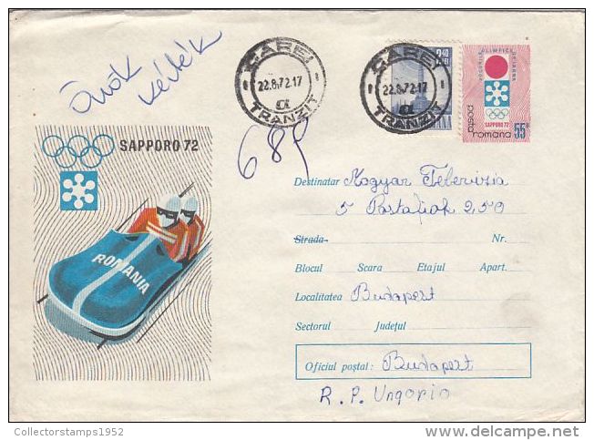 59085- BOBSLED, SAPPORO'72 WINTER OLYMPIC GAMES, COVER STATIONERY, 1972, ROMANIA - Winter 1972: Sapporo