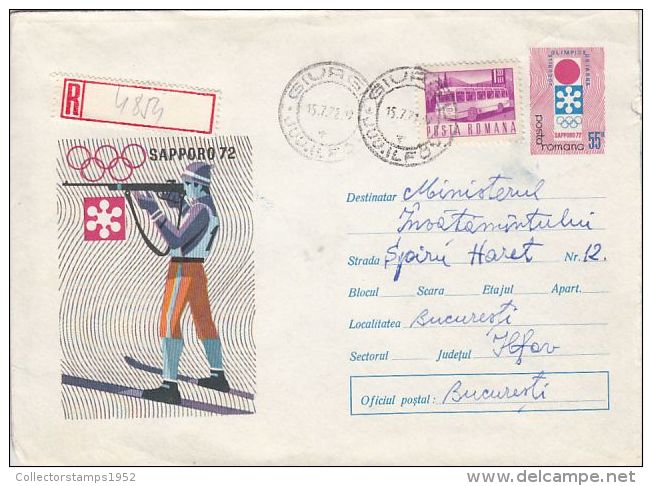 59087- BIATHLON, SKIING, SCHOOTING, SAPPORO'72 WINTER OLYMPIC GAMES, REGISTERED COVER STATIONERY, 1972, ROMANIA - Winter 1972: Sapporo
