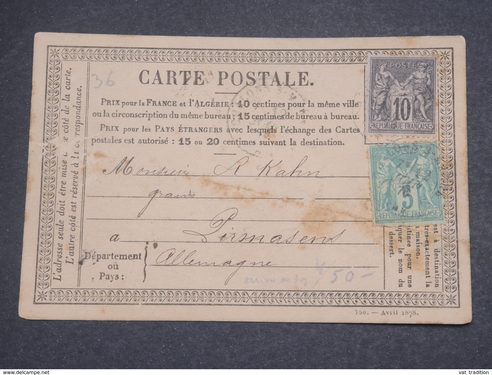 FRANCE - Carte Précurseur + Complément De Chalons Sur Marne Pour L 'Allemagne En 1878 , Affranchissement Sage - L 7346 - Vorläufer