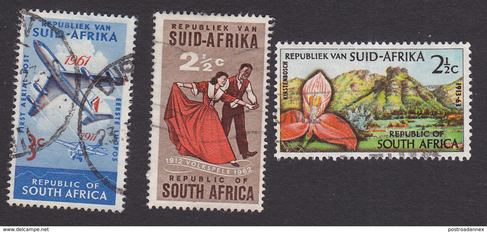South Africa, Scott #280-281, 284, Used, Planes, Dancers, Red Disa Orchid, Issued 1961-63 - Usados