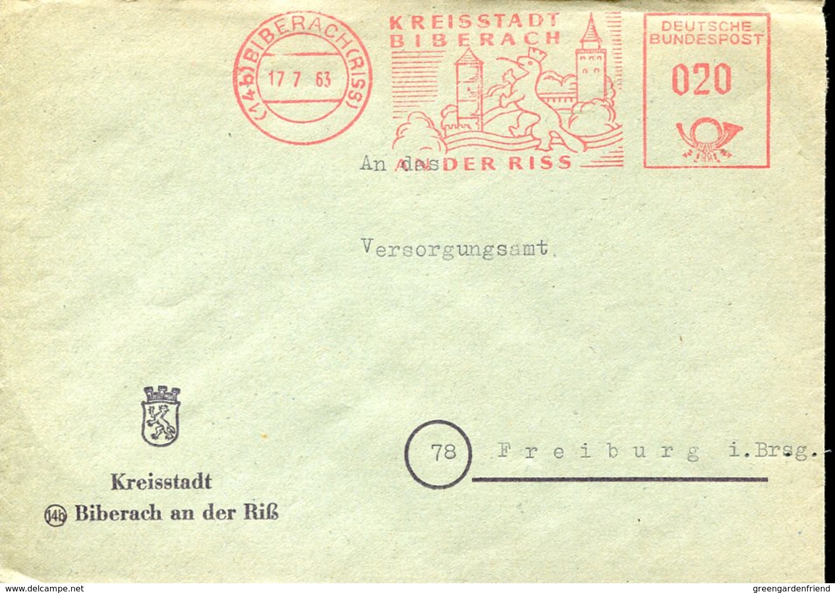 20848 Germany, Red Meter/freistempel/ema/1963 Biberach Kreisstadt, Castle, Schloss Chateau,circuled Cover - Frankeermachines (EMA)