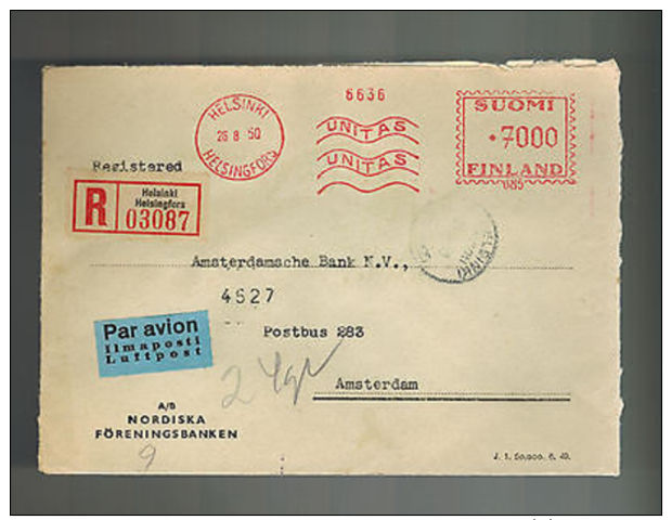 1950 Helsinki Finland Airmail Meter Cover Amsterdam Bank Holland - Other & Unclassified