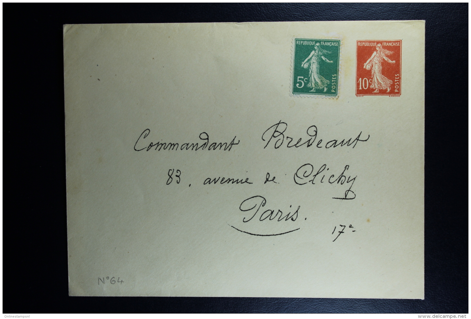 France: Enveloppe Semeuse  10 C  Type E 23   A Commandant Breveaut Paris, 147 X 112 Mm   Creme - Buste Postali E Su Commissione Privata TSC (ante 1995)