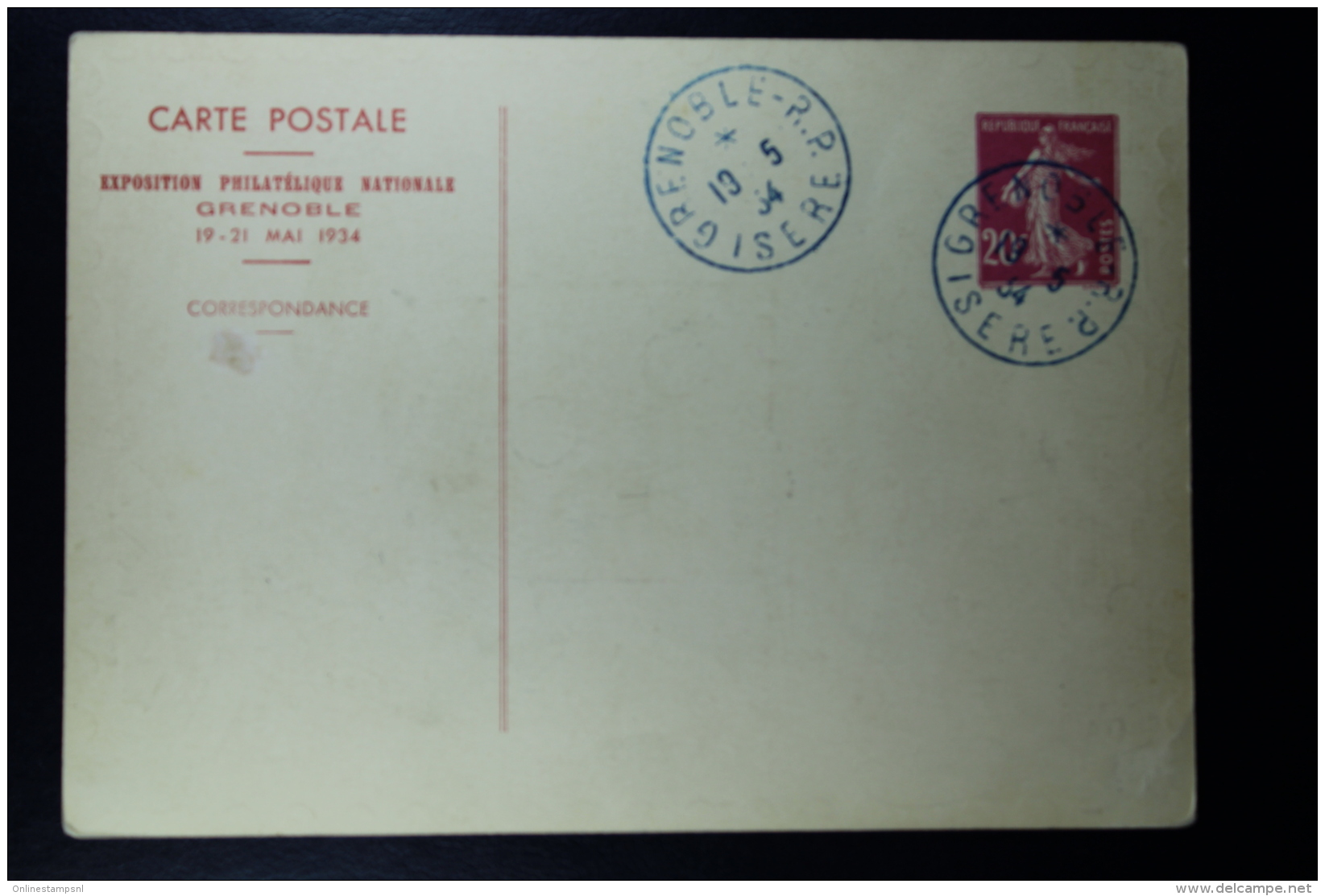 France: Carte Postal Sameuse   20 C.  Type I3b  Exposition Philatelique Nationale Grenoble Mai 1934 - Cartoline Postali E Su Commissione Privata TSC (ante 1995)