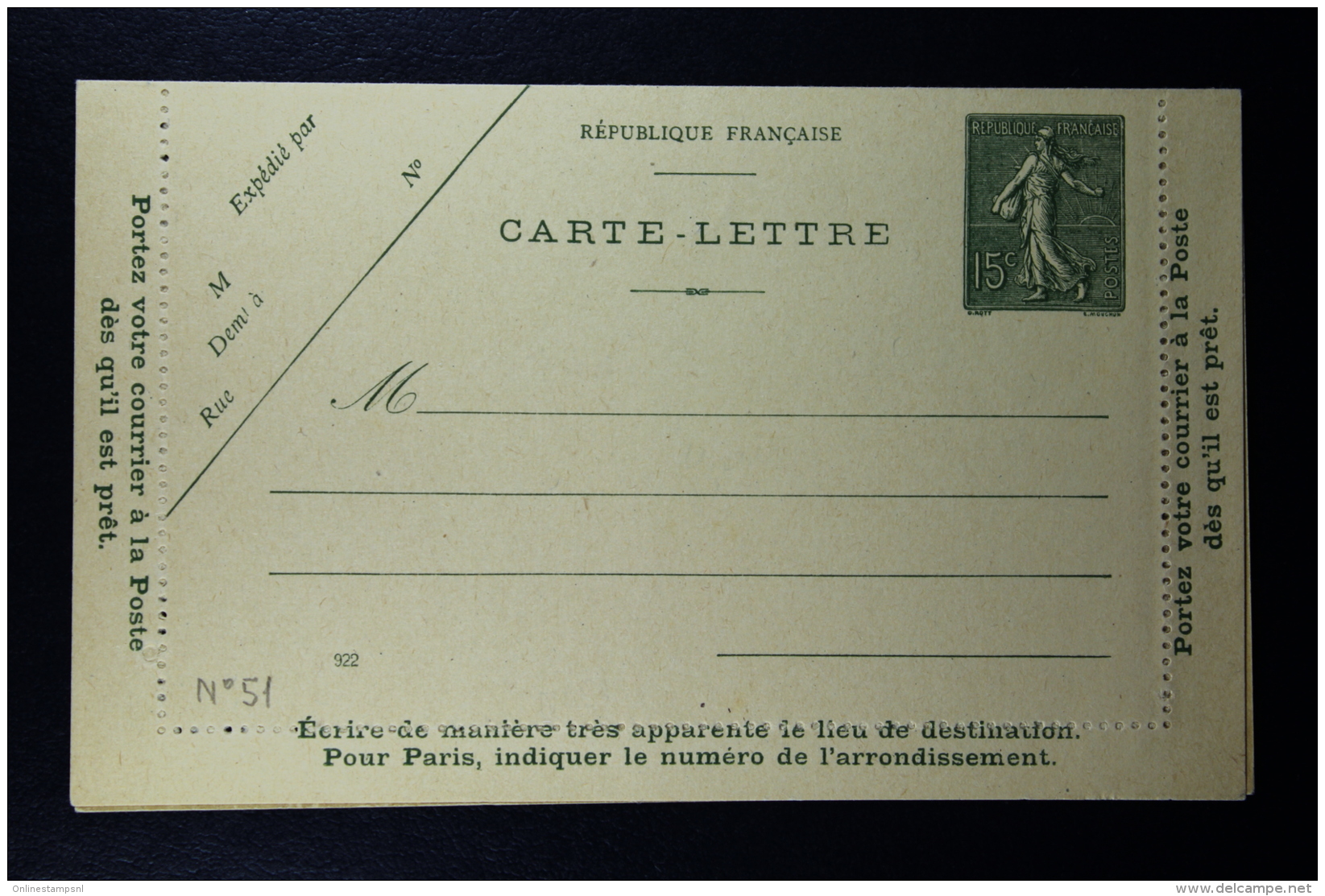 France: Carte Lettre  Sameuse  15 C  Type B8 2x Couleur  Date  922 + 931 - Letter Cards