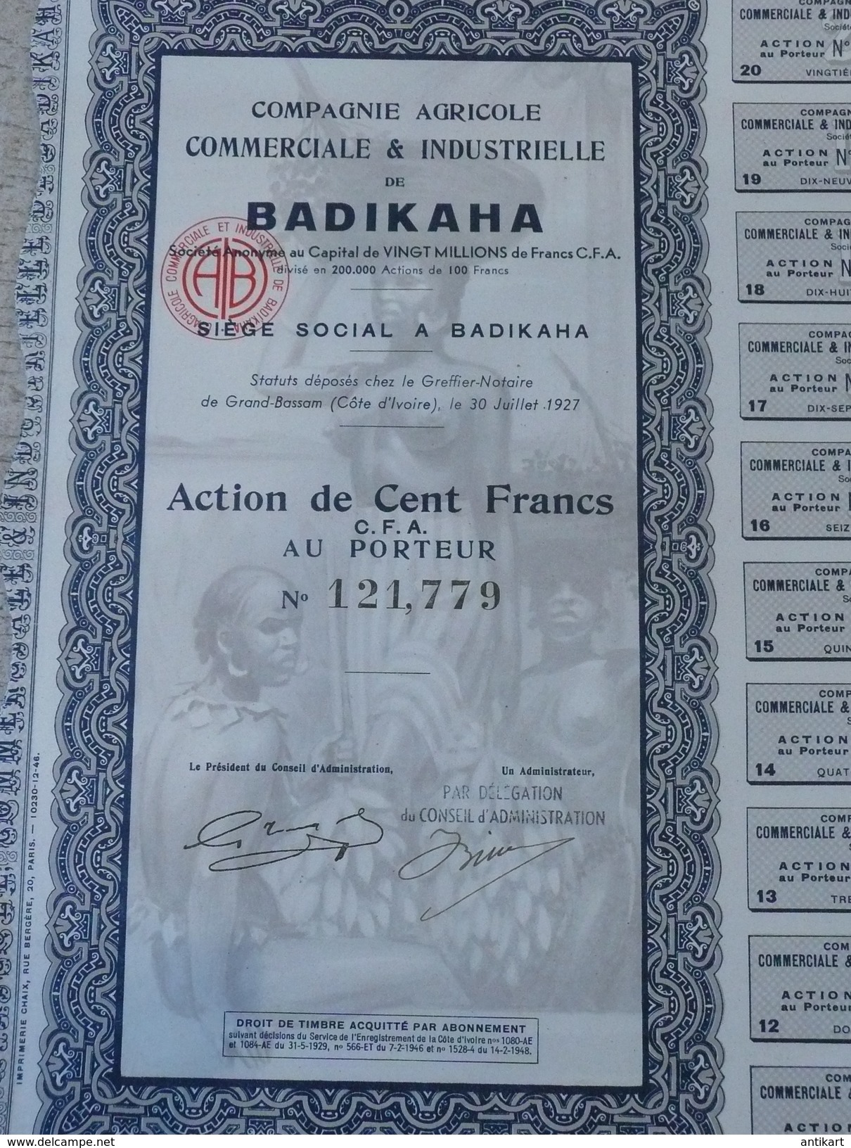 Compagnie Agricole Commerciale Et Industrielle De Badikaha - 100 F 1927 Grand Bassam - Afrique