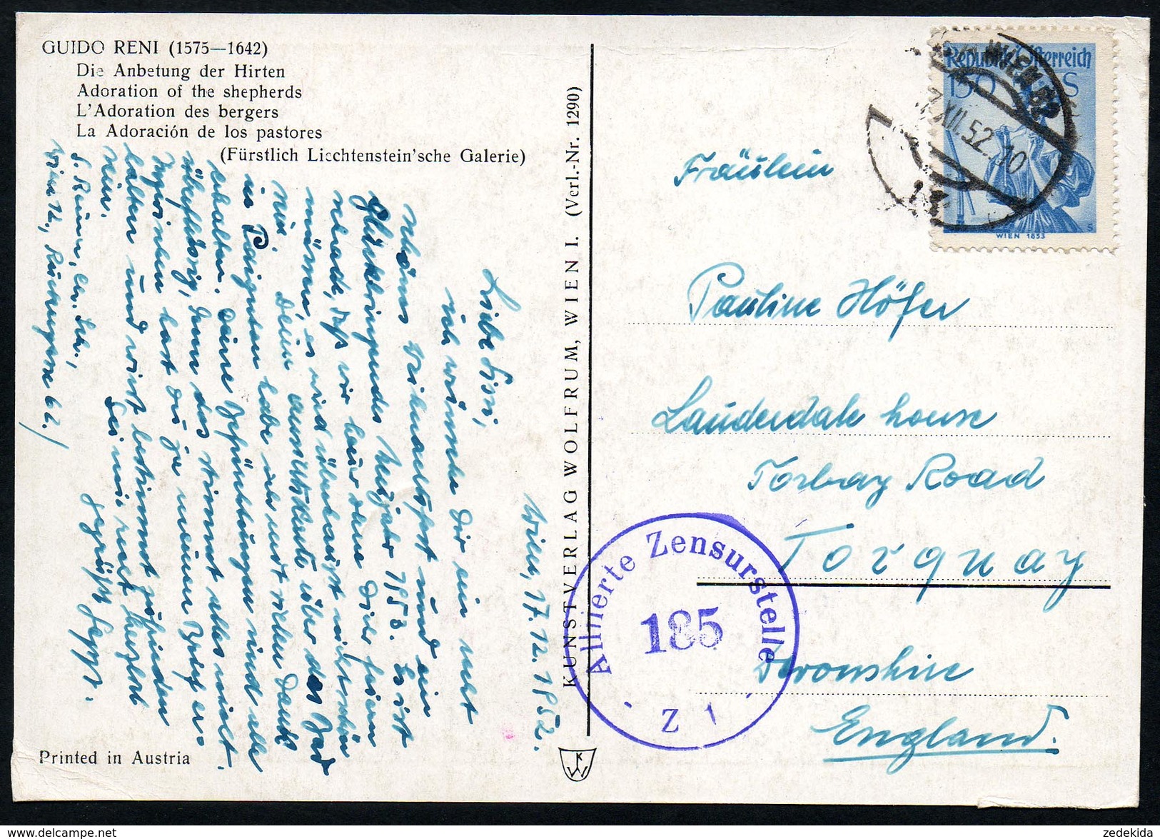 A2886 - Alte Künstlerkarte - Stempel Alliierte Zensurstelle 185 - Gel 1952 - Verstehe Den Zusammenhang Nicht !! - Variétés & Curiosités