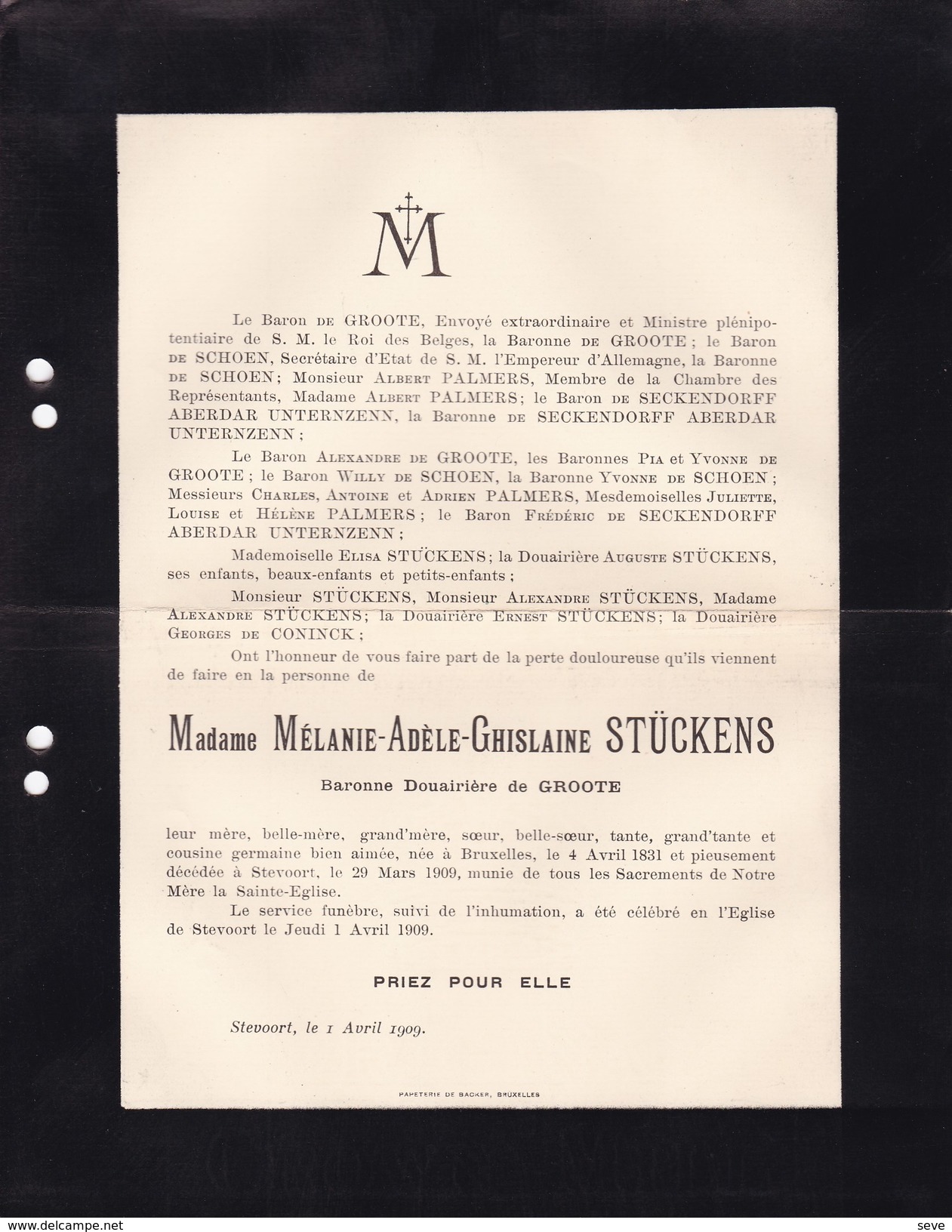 STEVOORT Mélanie STUCKENS Baronne De GROOTE 1831-1909 Doodsbrief PALMERS - Obituary Notices