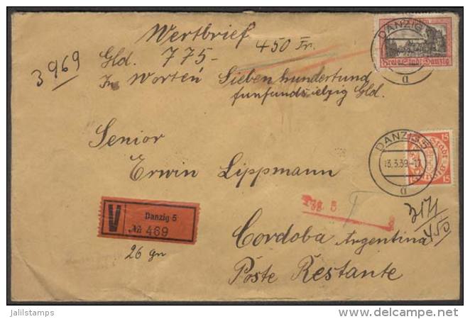 Cover With Declared Value Of 775G., Sent To Argentina On 13/MAR/1939 Franked With 2.15G., VF Quality, Very Rare! - Otros & Sin Clasificación