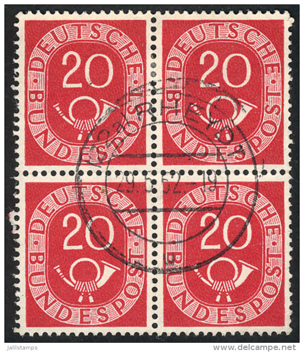 Yvert 16 (Michel 130), 1951 Postal Horn 20Pf., Used Block Of 4 Of VF Quality, With Guarantee Mark On Back, Low... - Other & Unclassified