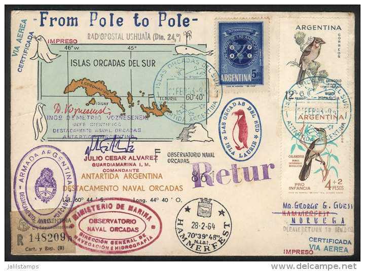 MAIL SENT FROM SOUTH POLE TO NORTH POLE: Cover Sent From Islas Orcadas Del Sur To HAMMERFEST (Norway) On... - Sonstige & Ohne Zuordnung