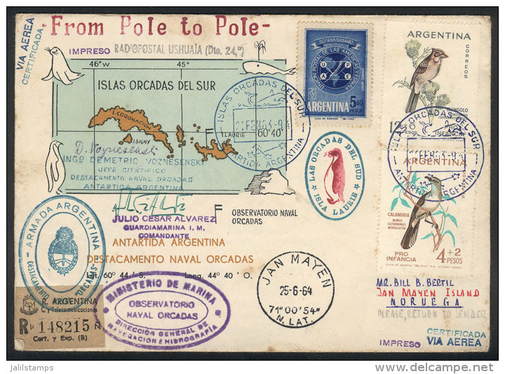 MAIL SENT FROM SOUTH POLE TO NORTH POLE: Cover Sent From Islas Orcadas Del Sur To Jan Mayen (Norway) On 21/FE/1963,... - Altri & Non Classificati